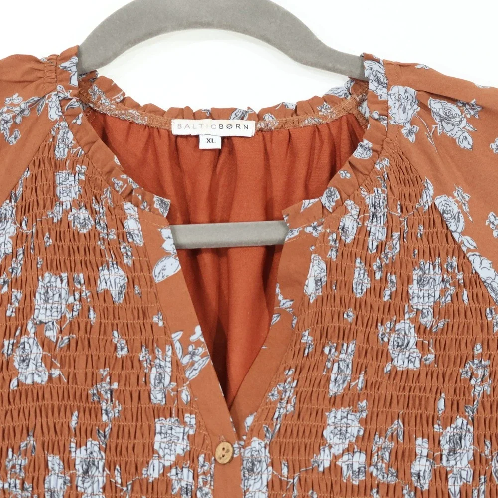 Baltic Born Floral Smocked Midi Dress Womens XL Brown Boho Pockets Flowy Fall